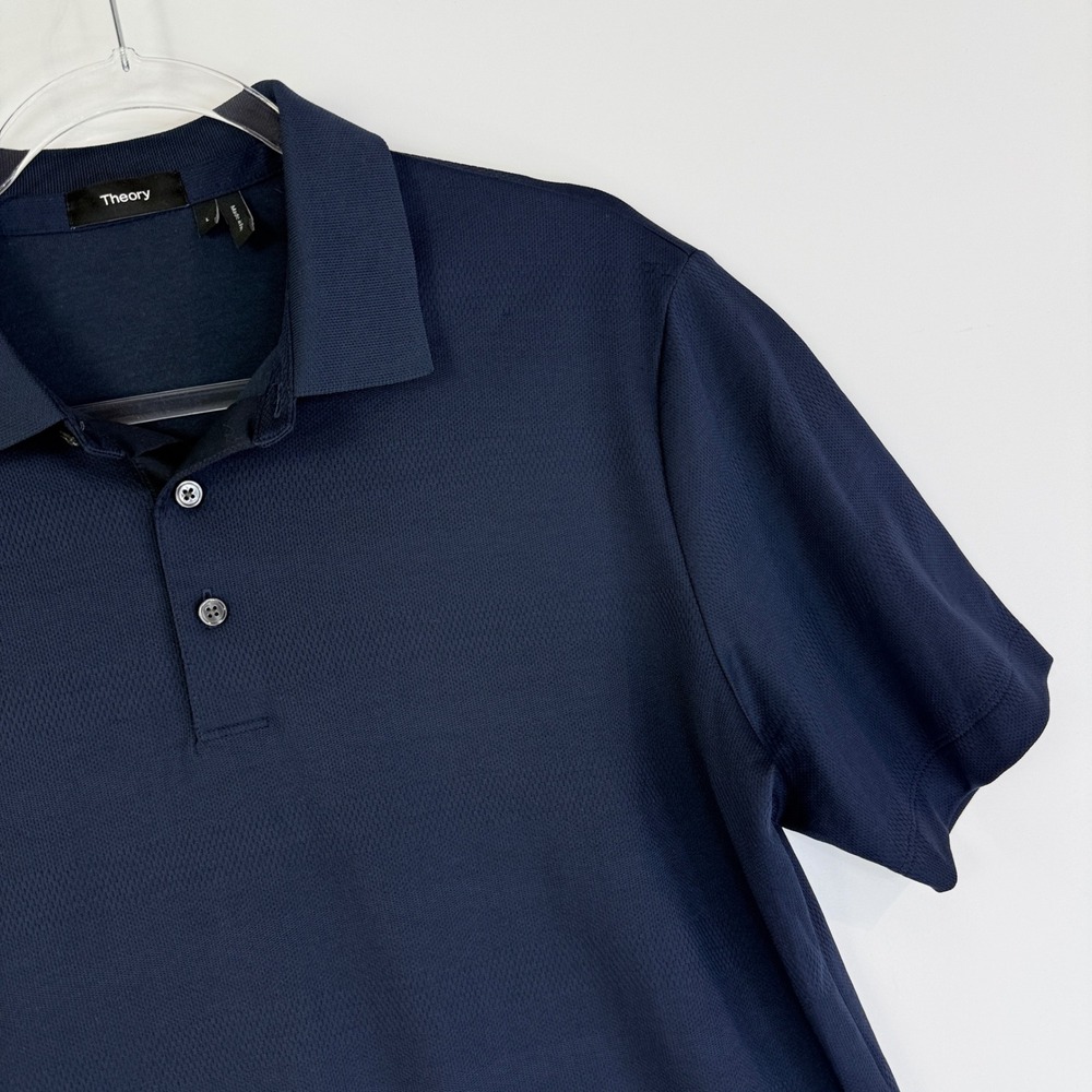 Theory Polo Shirt Mens L Navy Blue Stripe Mesh Jacquard Supima Cotton P0294529